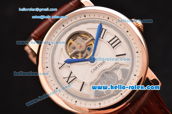 Cartier Rotonde De Tourbillon Asia 6497 Manual Winding Rose Gold Case with White Dial and Brown Leather Strap - Click Image to Close