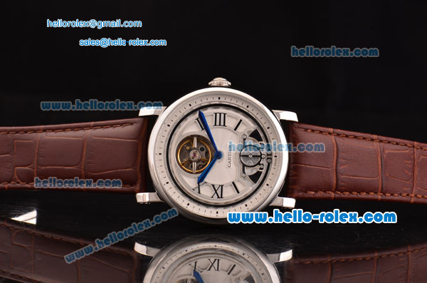 Cartier Rotonde De Tourbillon Asia 6497 Manual Winding Steel Case with White Dial and Brown Leather Strap - Click Image to Close