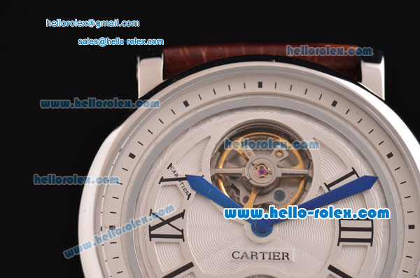 Cartier Rotonde De Tourbillon Asia 6497 Manual Winding Steel Case with White Dial and Brown Leather Strap - Click Image to Close