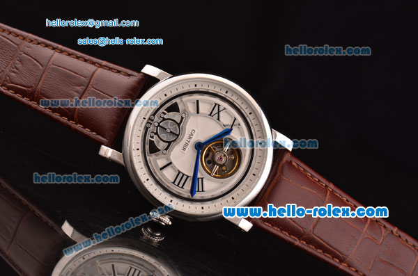 Cartier Rotonde De Tourbillon Asia 6497 Manual Winding Steel Case with White Dial and Brown Leather Strap - Click Image to Close