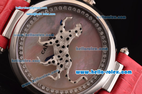 Cartier Le Cirque Animalier de Cartier Swiss Quartz Steel Case with MOP Dial and Pink Leather Strap - Click Image to Close