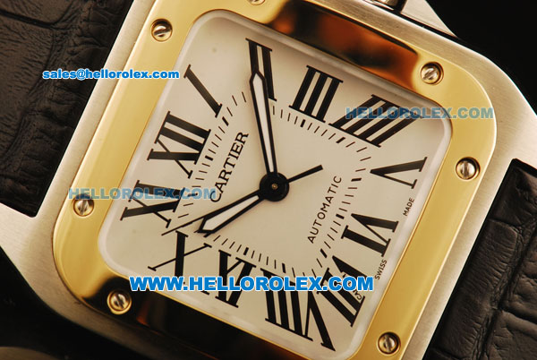 Cartier Santos 100 Swiss ETA 2892 Automatic Movement Steel Case with Gold Bezel and Black Leather Strap - Click Image to Close