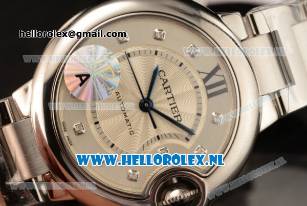 Cartier Ballon Bleu De Medium Swiss ETA 2671 Automatic Steel Case Silver Dial Diamonds Markers and Steel Bracelet - Click Image to Close