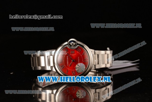 Cartier Ballon Bleu De Japanese Miyota Quartz Steel Case with Red Dial Roman Numberal Markers and Steel Bracelet - Click Image to Close