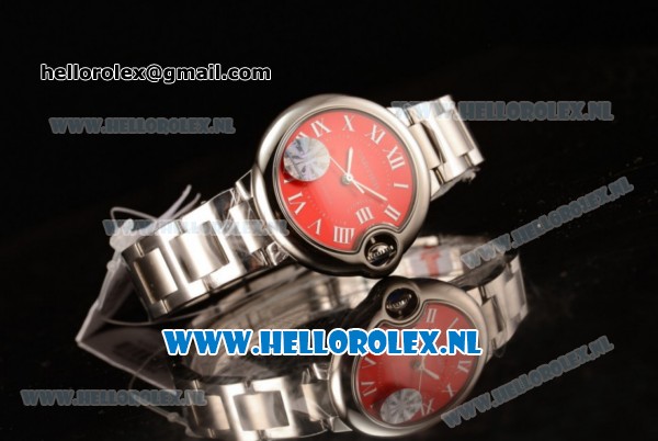 Cartier Ballon Bleu De Japanese Miyota Quartz Steel Case with Red Dial Roman Numberal Markers and Steel Bracelet - Click Image to Close