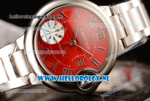 Cartier Ballon Bleu De Japanese Miyota Quartz Steel Case with Red Dial Roman Numberal Markers and Steel Bracelet - Click Image to Close