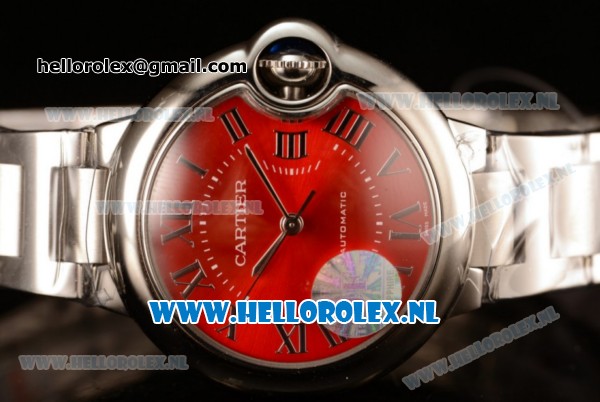 Cartier Ballon Bleu De Japanese Miyota Quartz Steel Case with Red Dial Roman Numberal Markers and Steel Bracelet - Click Image to Close