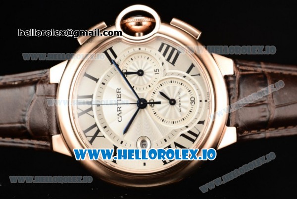 Cartier Ballon Bleu De Large Chronograph 7705 Automatic Rose Gold Case with White Dial Roman Numeral Markers and Genuine Leather Strap (ZF) - Click Image to Close