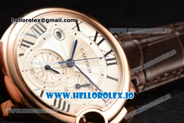 Cartier Ballon Bleu De Large Chronograph 7705 Automatic Rose Gold Case with White Dial Roman Numeral Markers and Genuine Leather Strap (ZF) - Click Image to Close