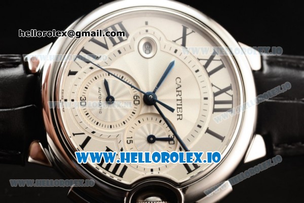 Cartier Ballon Bleu De Large Chronograph 7705 Automatic Steel Case with White Dial Roman Numeral Markers and Genuine Leather Strap - Click Image to Close