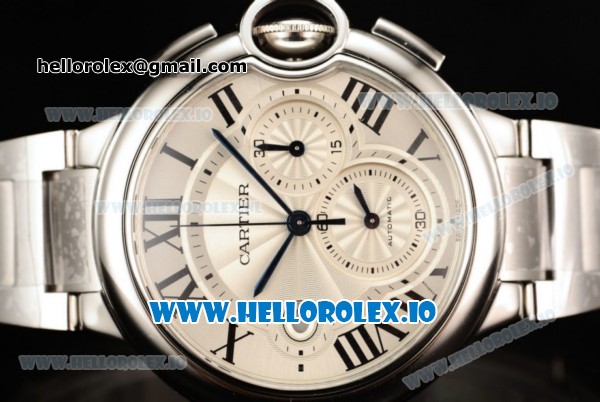 Cartier Ballon Bleu De Large Chronograph 7705 Automatic Steel Case with White Dial Roman Numeral Markers and Steel Bracelet - Click Image to Close