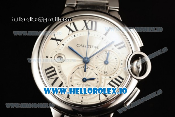 Cartier Ballon Bleu De Large Chronograph 7705 Automatic Steel Case with White Dial Roman Numeral Markers and Steel Bracelet - Click Image to Close