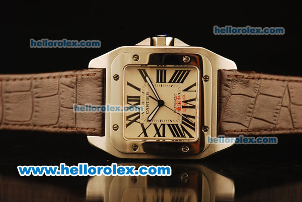 Cartier Santos 100 Automatic ETA Coating Case with White Dial and Brown Leather Strap - Click Image to Close