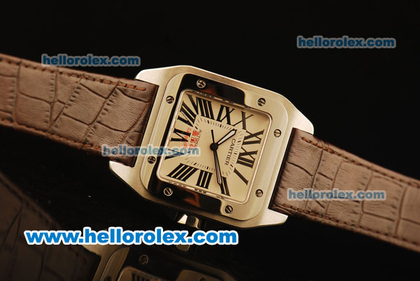 Cartier Santos 100 Automatic ETA Coating Case with White Dial and Brown Leather Strap - Click Image to Close