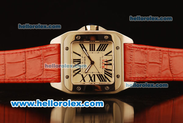 Cartier Santos 100 Automatic ETA Coating Case with White Dial and Brown Leather Strap - Click Image to Close