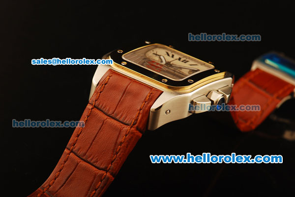 Cartier Santos 100 Swiss Valjoux 7753 Automatic Steel Case with Gold Bezel and Brown Leather Strap - 1:1 Original - Click Image to Close