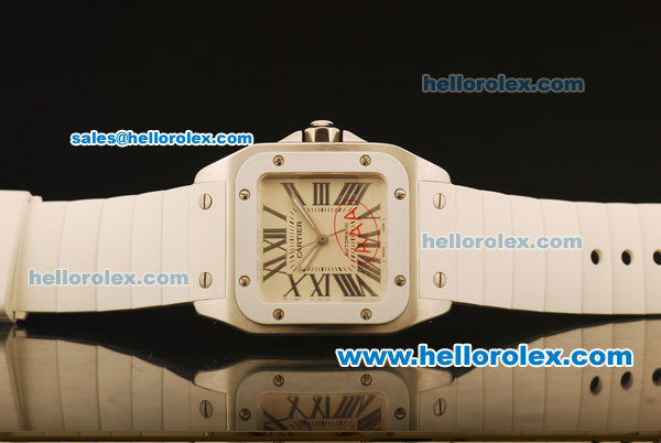 Cartier Santos 100 Swiss ETA 2671 Automatic Steel Case with Beige Dial and White Rubber Strap - Click Image to Close