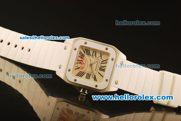 Cartier Santos 100 Swiss ETA 2671 Automatic Steel Case with Beige Dial and White Rubber Strap - Click Image to Close