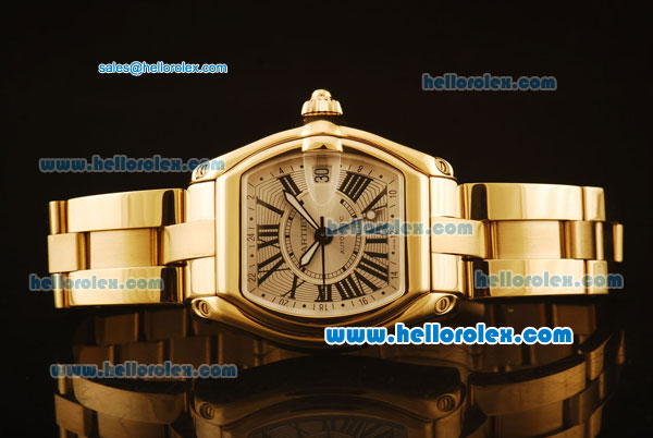 Cartier Roadster Swiss ETA 2892 Automatic Full Yellow Gold Case/Strap with White Dial and Roman Markers - Click Image to Close