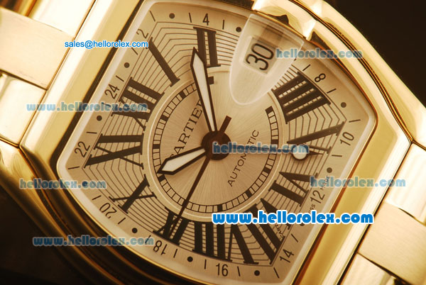 Cartier Roadster Swiss ETA 2892 Automatic Full Yellow Gold Case/Strap with White Dial and Roman Markers - Click Image to Close