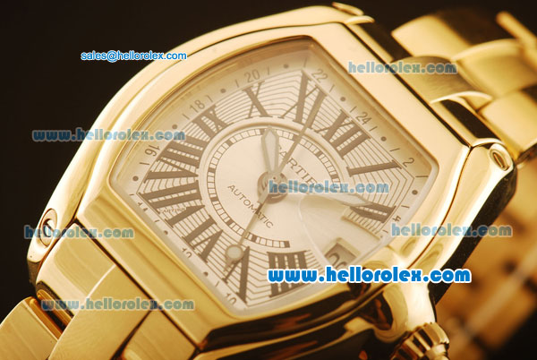 Cartier Roadster Swiss ETA 2892 Automatic Full Yellow Gold Case/Strap with White Dial and Roman Markers - Click Image to Close
