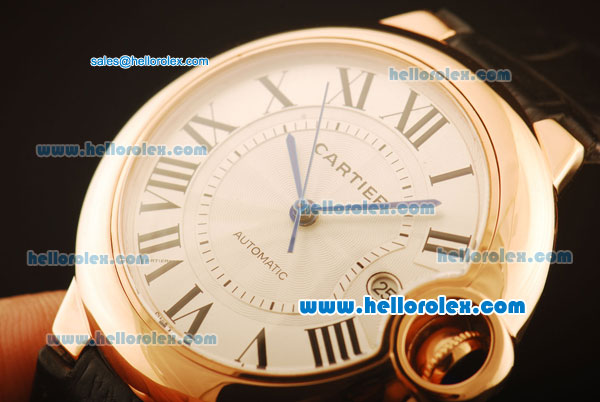 Cartier Ballon bleu de Automatic Rose Gold Case with White Dial and Black Leather Strap - Click Image to Close