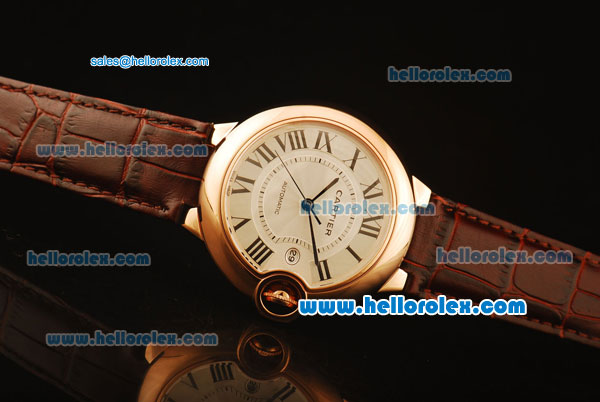 Cartier Ballon bleu de Automatic Rose Gold Case with White Dial and Brown Leather Strap - Click Image to Close