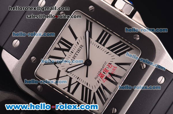 Cartier Santos Automatic Steel Case with White Dial and Black Rubber Strap-ETA Coating - Click Image to Close
