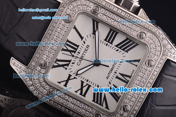 Cartier santos 100 Asia 2813 Automatic with Diamond Bezel and White Dial--Black Leather Strap - Click Image to Close