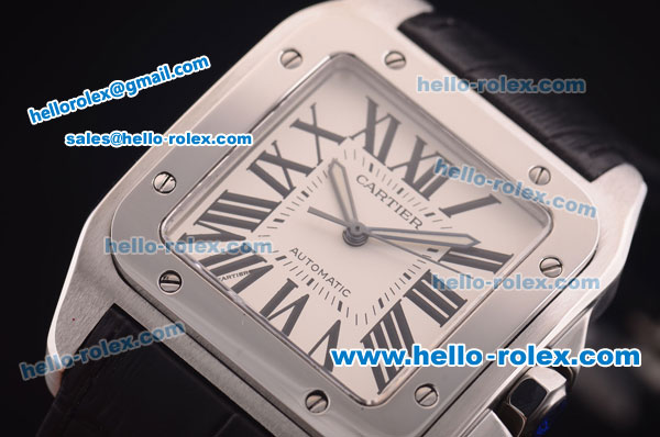 Cartier Santos Swiss ETA 2824 Automatic Steel Case with White Dial and Black Leather Strap - Click Image to Close