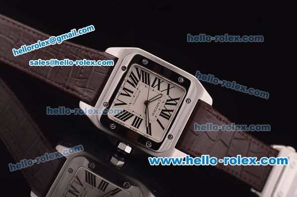 Cartier Santos Swiss ETA 2824 Automatic Steel Case with White Dial and Brown Leather Strap - Click Image to Close