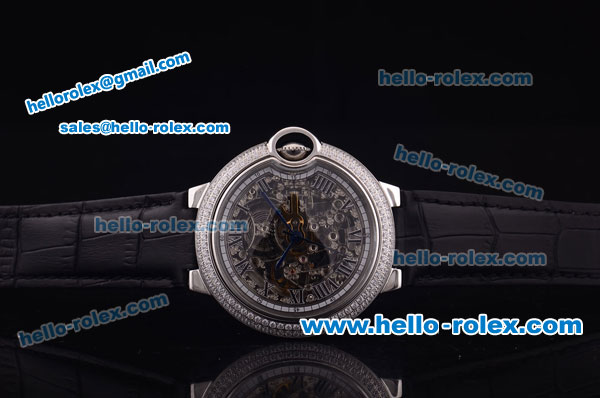 Cartier Ballon bleu de Automatic Steel Case with Diamond Bezel and Skeleton Dial-Black Leather Strap - Click Image to Close