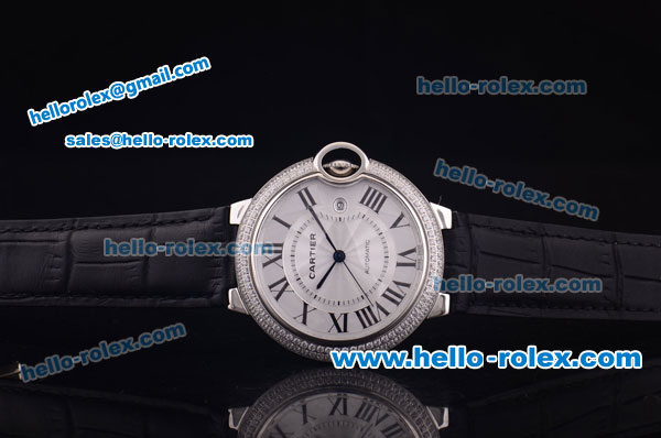Cartier Ballon bleu de Automatic Steel Case with Diamond Bezel and White Dial-Black Leather Strap - Click Image to Close
