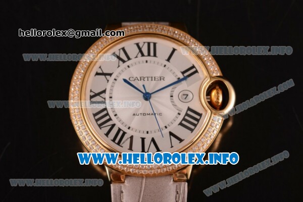 Cartier Ballon Bleu De Large Asia 4813 Automatic Yellow Gold Case with Sliver Dial Diamonds Bezel and Grey Leather strap - Click Image to Close