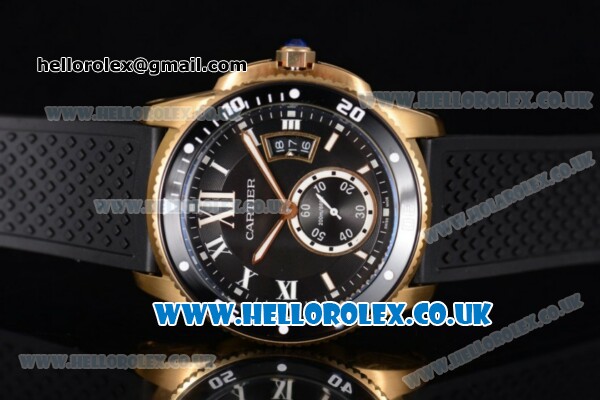 Cartier Calibre de Cartier Diver Asia ST16 Automatic Yellow Gold Case with Black Dial Roman Markers and Black Rubber Strap - Click Image to Close