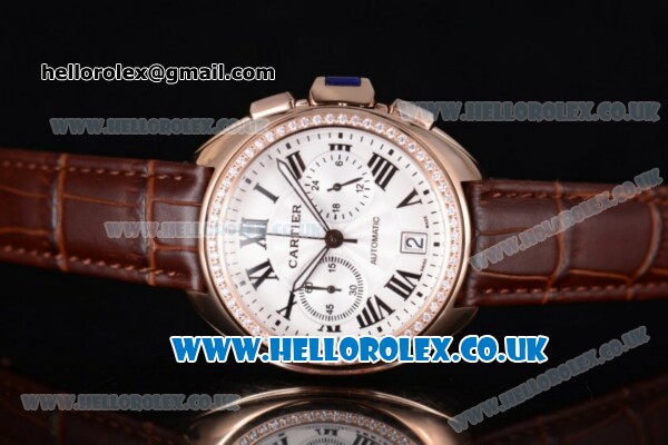 Cartier Cle de Cartier Chrono Japanese Miyota OS20 Quartz Rose Gold Case with White Dial Diamonds Bezel and Brown Leather Strap - Click Image to Close