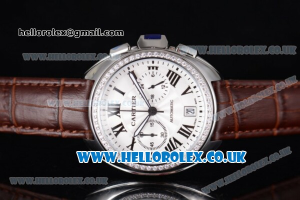 Cartier Cle de Cartier Chrono Japanese Miyota OS20 Quartz Steel Case with White Dial Diamonds Bezel and Brown Leather Strap - Click Image to Close