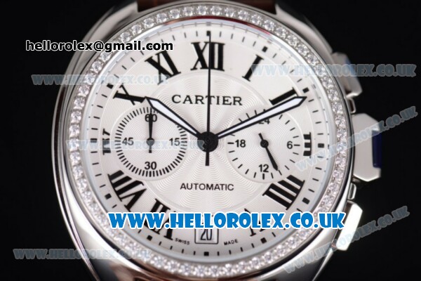 Cartier Cle de Cartier Chrono Japanese Miyota OS20 Quartz Steel Case with White Dial Diamonds Bezel and Brown Leather Strap - Click Image to Close