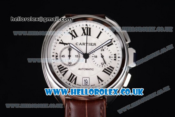 Cartier Cle de Cartier Chrono Japanese Miyota OS20 Quartz Steel Case with White Dial Roman Markers and Brown Leather Strap - Click Image to Close