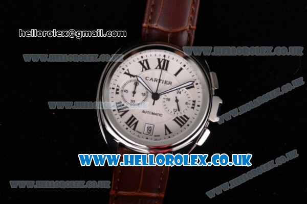 Cartier Cle de Cartier Chrono Japanese Miyota OS20 Quartz Steel Case with White Dial Roman Markers and Brown Leather Strap - Click Image to Close
