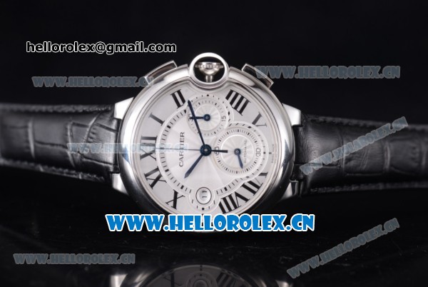 Cartier Ballon Bleu Chrono Swiss Valjoux 7750 Automatic Steel Case with White Dial Roman Numeral Markers and Black Leather Strap (KW) - Click Image to Close