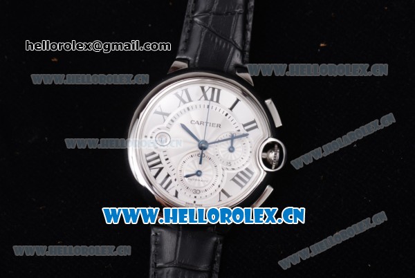 Cartier Ballon Bleu Chrono Swiss Valjoux 7750 Automatic Steel Case with White Dial Roman Numeral Markers and Black Leather Strap (KW) - Click Image to Close
