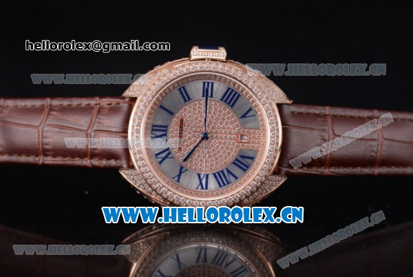 Cartier Cle de Cartier Asia ST16 Automatic Rose Gold/Diamonds Case with Brown Leather Strap and Diamonds Dial Roman Numeral Markers - Click Image to Close