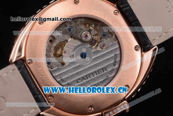 Cartier Cle de Cartier Asia ST16 Automatic Rose Gold/Diamonds Case with Diamonds Dial Roman Numeral Markers and Black Leather Strap Diamonds Bezel - Click Image to Close