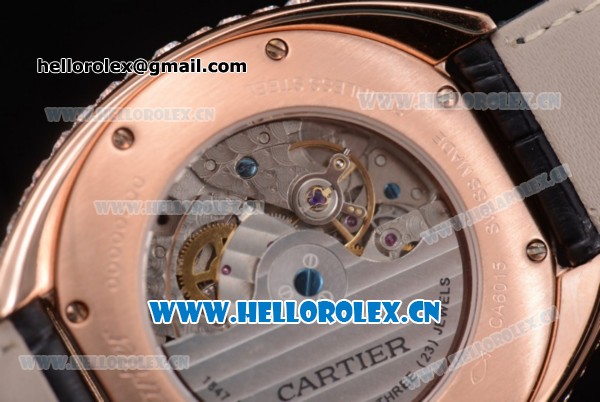 Cartier Cle de Cartier Asia ST16 Automatic Rose Gold/Diamonds Case with Diamonds Dial Roman Numeral Markers and Black Leather Strap Diamonds Bezel - Click Image to Close