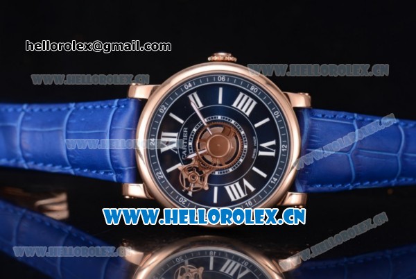 Cartier Rotonde de Cartier Astrotourbillon Asia 2813 Automatic Rose Gold Case with Blue Dial Roman Numeral Markers and Blue Leather Strap - Click Image to Close