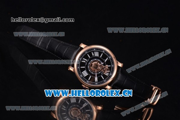 Cartier Rotonde de Cartier Astrotourbillon Asia 2813 Automatic Rose Gold Case with Black Dial Roman Numeral Markers and Black Leather Strap - Click Image to Close