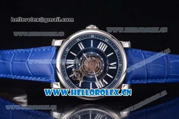 Cartier Rotonde de Cartier Astrotourbillon Asia 2813 Automatic Steel Case with Blue Dial Roman Numeral Markers and Blue Leather Strap - Click Image to Close