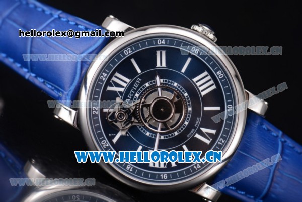 Cartier Rotonde de Cartier Astrotourbillon Asia 2813 Automatic Steel Case with Blue Dial Roman Numeral Markers and Blue Leather Strap - Click Image to Close