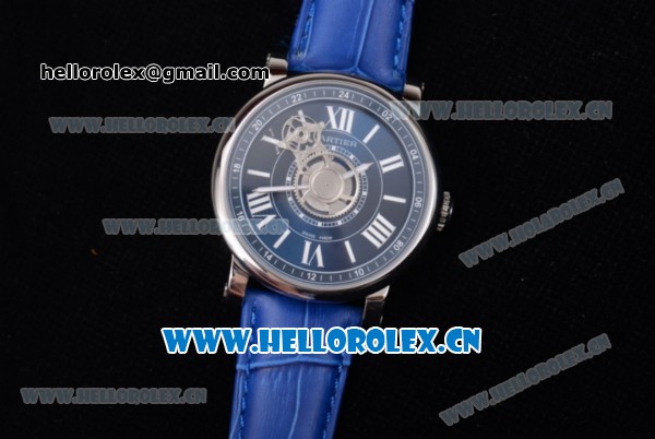 Cartier Rotonde de Cartier Astrotourbillon Asia 2813 Automatic Steel Case with Blue Dial Roman Numeral Markers and Blue Leather Strap - Click Image to Close